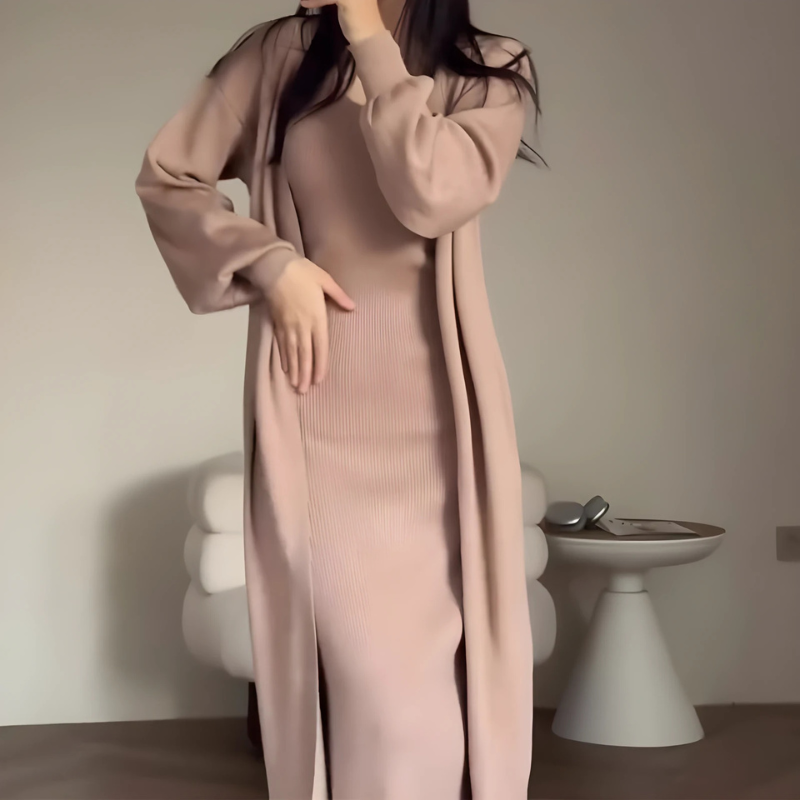 Women’s Two-Piece Set – Ribbed Knit Slim Dress with Side Slit – Open-Front Cardigan