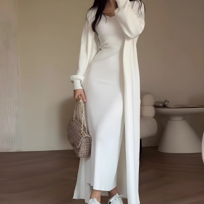 Women’s Two-Piece Set – Ribbed Knit Slim Dress with Side Slit – Open-Front Cardigan