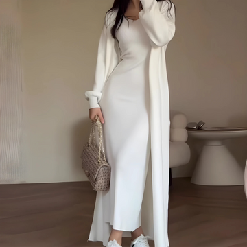 Women’s Two-Piece Set – Ribbed Knit Slim Dress with Side Slit – Open-Front Cardigan