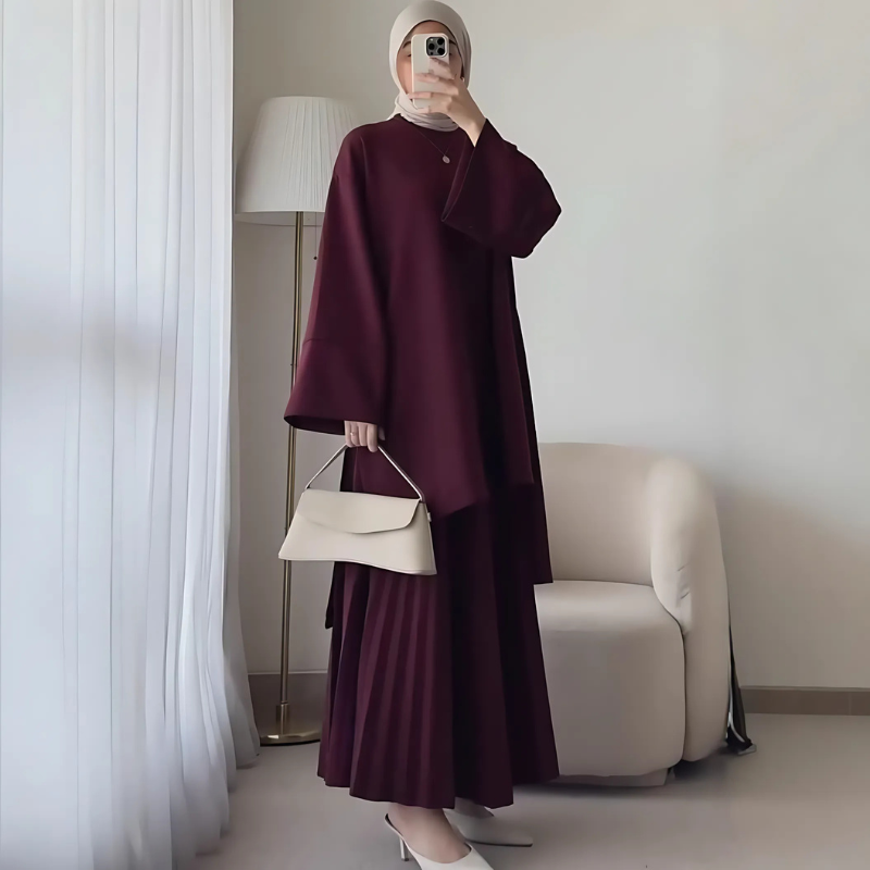 Women’s Two-Piece Skirt Suit Set – Oversized Fit – Mock Neck Top – Bell Sleeves – Pleated Skirt