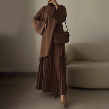 Women’s Two-Piece Skirt Suit Set – Oversized Fit – Mock Neck Top – Bell Sleeves – Pleated Skirt