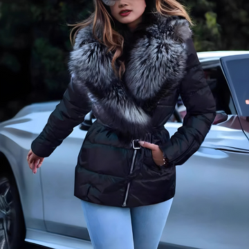Women’s Quilted Jacket – Oversized Fit – Faux Fur Collar – Belted Waist – Zip Front