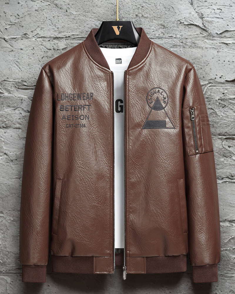 Men’s Bomber Jacket – Synthetic Leather Look – Regular Fit – Embroidered Back – Zippered Sleeve Pocket