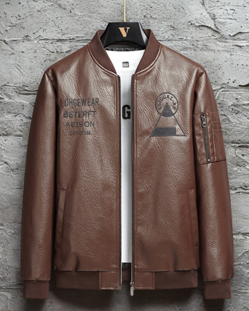 Men’s Bomber Jacket – Synthetic Leather Look – Regular Fit – Embroidered Back – Zippered Sleeve Pocket
