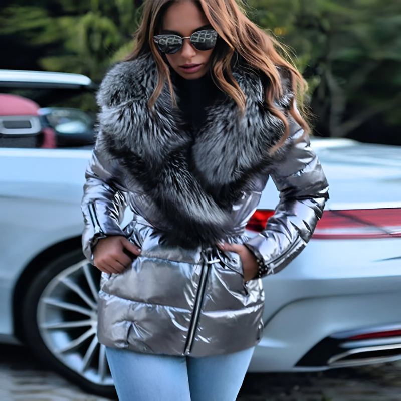 Women’s Quilted Jacket – Oversized Fit – Faux Fur Collar – Belted Waist – Zip Front