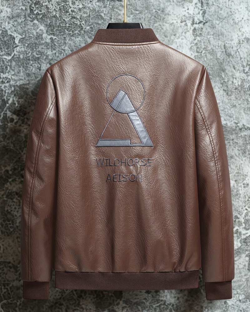 Men’s Bomber Jacket – Synthetic Leather Look – Regular Fit – Embroidered Back – Zippered Sleeve Pocket
