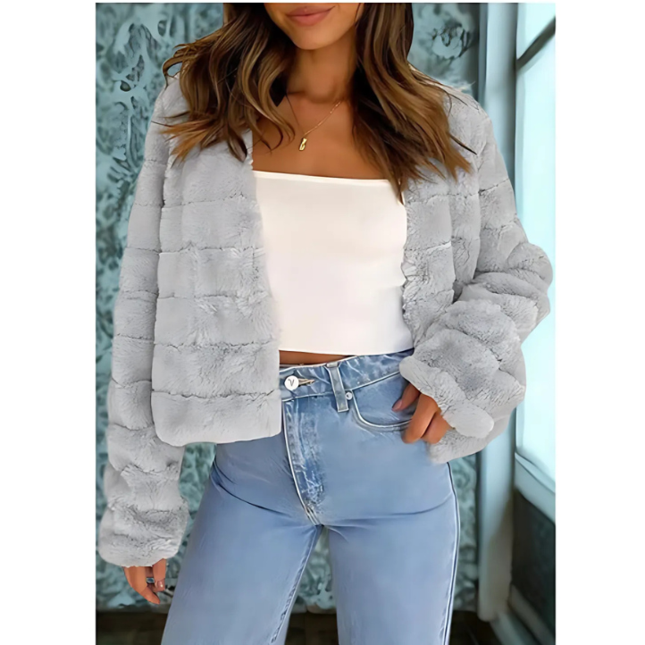 Women’s Faux Fur Jacket – Cropped Relaxed Fit – Open Front – Textured Paneling