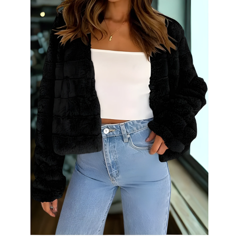 Women’s Faux Fur Jacket – Cropped Relaxed Fit – Open Front – Textured Paneling
