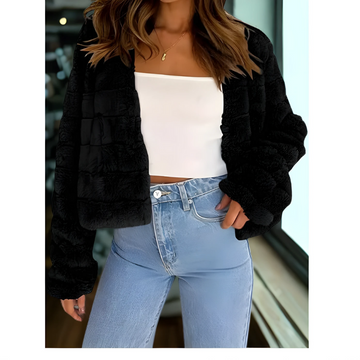 Women’s Faux Fur Jacket – Cropped Relaxed Fit – Open Front – Textured Paneling