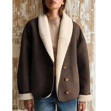 Women’s Jacket – Relaxed Fit – Faux Suede – Shearling Lined – Button Front – Hip Length