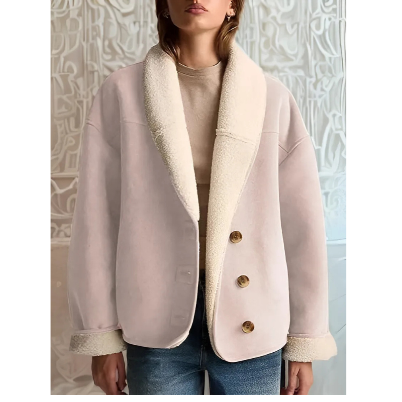 Women’s Jacket – Relaxed Fit – Faux Suede – Shearling Lined – Button Front – Hip Length