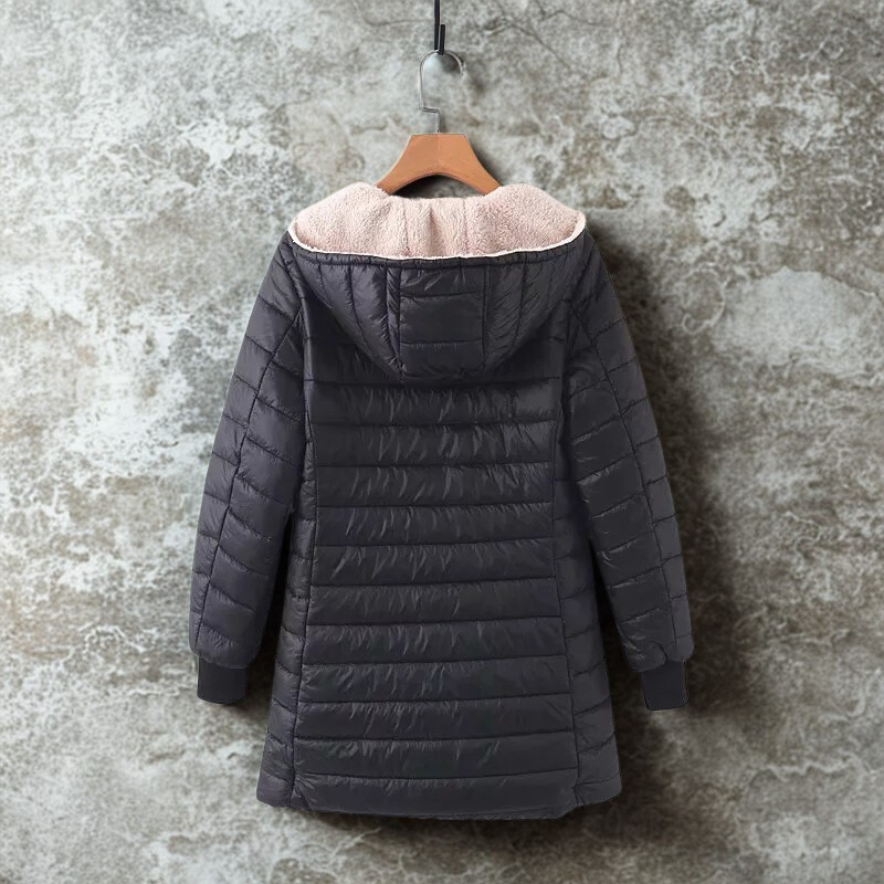 Women’s Quilted Coat – Mid-Length Relaxed Fit – Fleece Hood – Water-Resistant – Zip Front