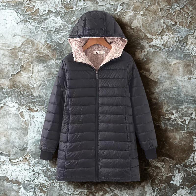 Women’s Quilted Coat – Mid-Length Relaxed Fit – Fleece Hood – Water-Resistant – Zip Front