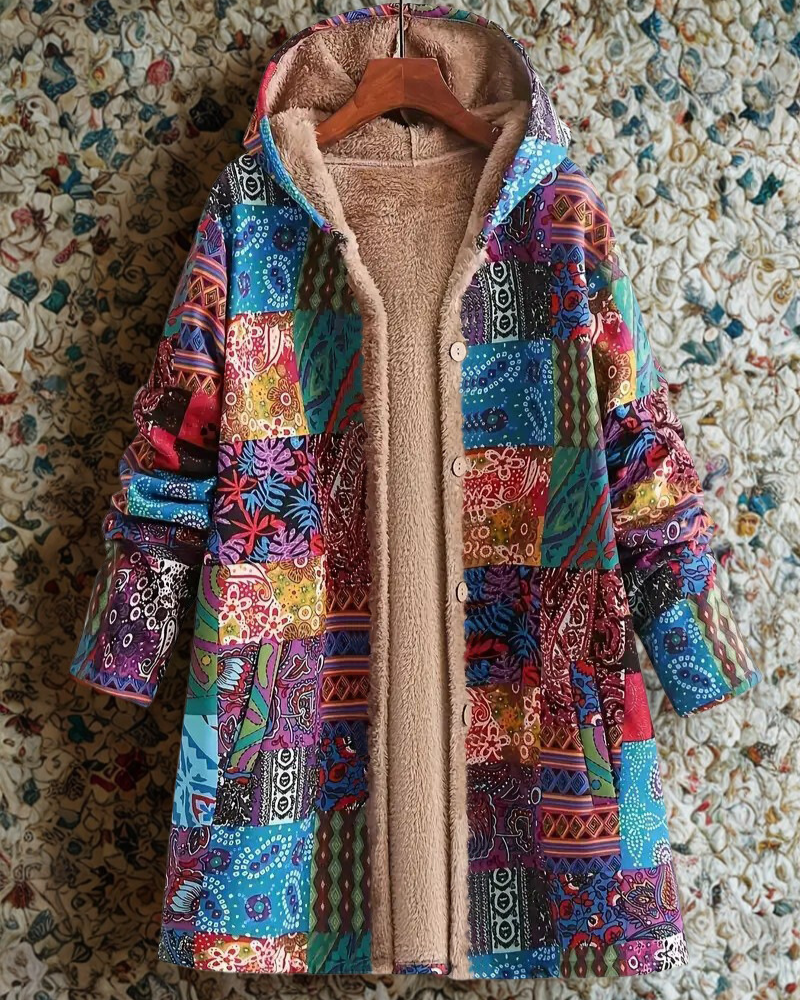 Women’s Hooded Jacket – Patchwork Woven – Sherpa Lined – Loose Fit – Button Front