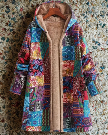 Women’s Hooded Jacket – Patchwork Woven – Sherpa Lined – Loose Fit – Button Front