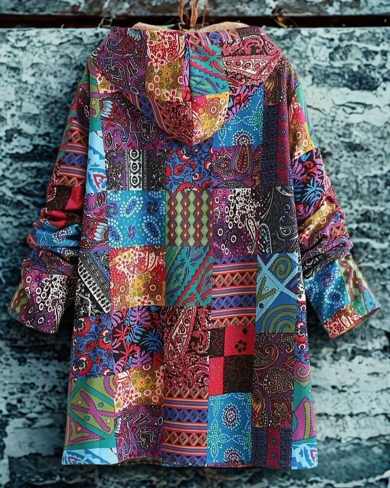 Women’s Hooded Jacket – Patchwork Woven – Sherpa Lined – Loose Fit – Button Front