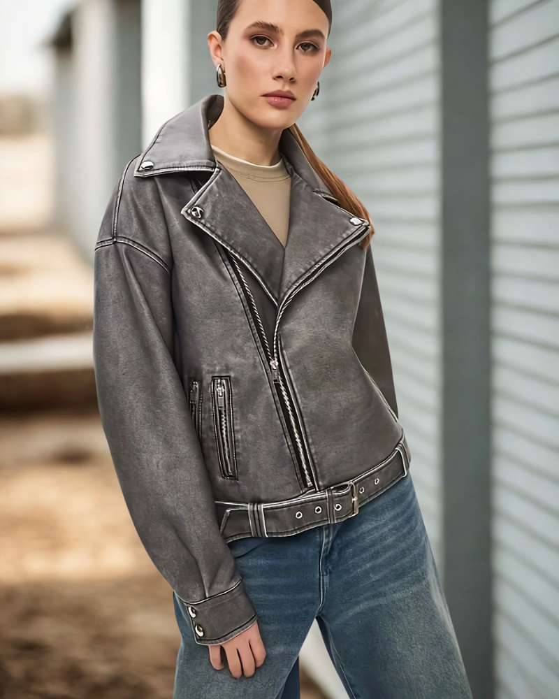 Women’s Leather Jacket – Oversized Relaxed Fit – Asymmetrical Zipper – Belted Hip-Length