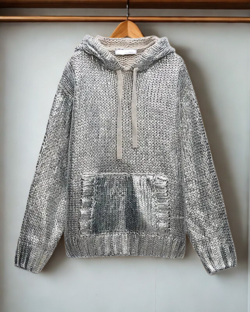 Women’s Hooded Sweatshirt – Oversized Fit – Metallic Knit – Kangaroo Pocket – Ribbed Cuffs
