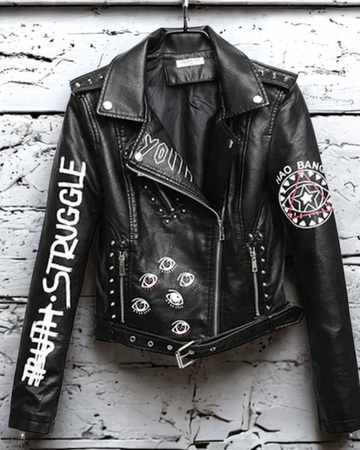 Women’s Motorcycle Jacket – Slim Fit – Cropped Length – Leather Look – Graphic Rivets