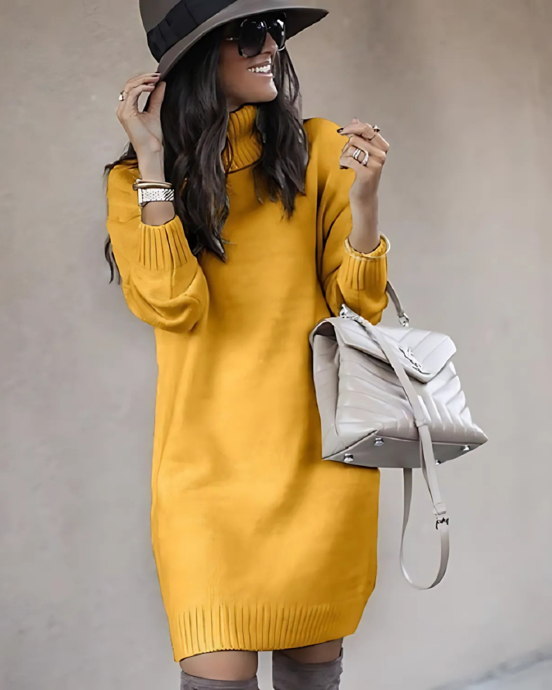 Women’s Mini Dress – Turtleneck – Wool Blend Knit – Ribbed Cuffs – Slim Fit