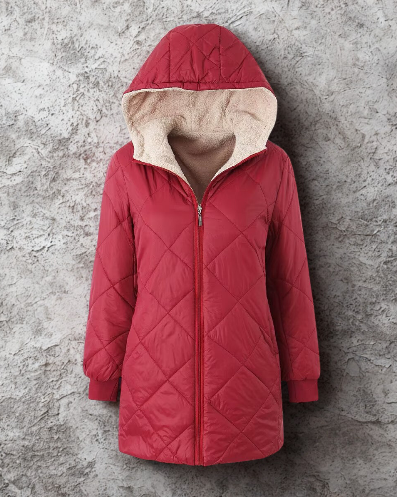 Women’s Hooded Quilted Coat – Straight Fit – Diamond Stitch – Reversible Hood – Mid-Thigh