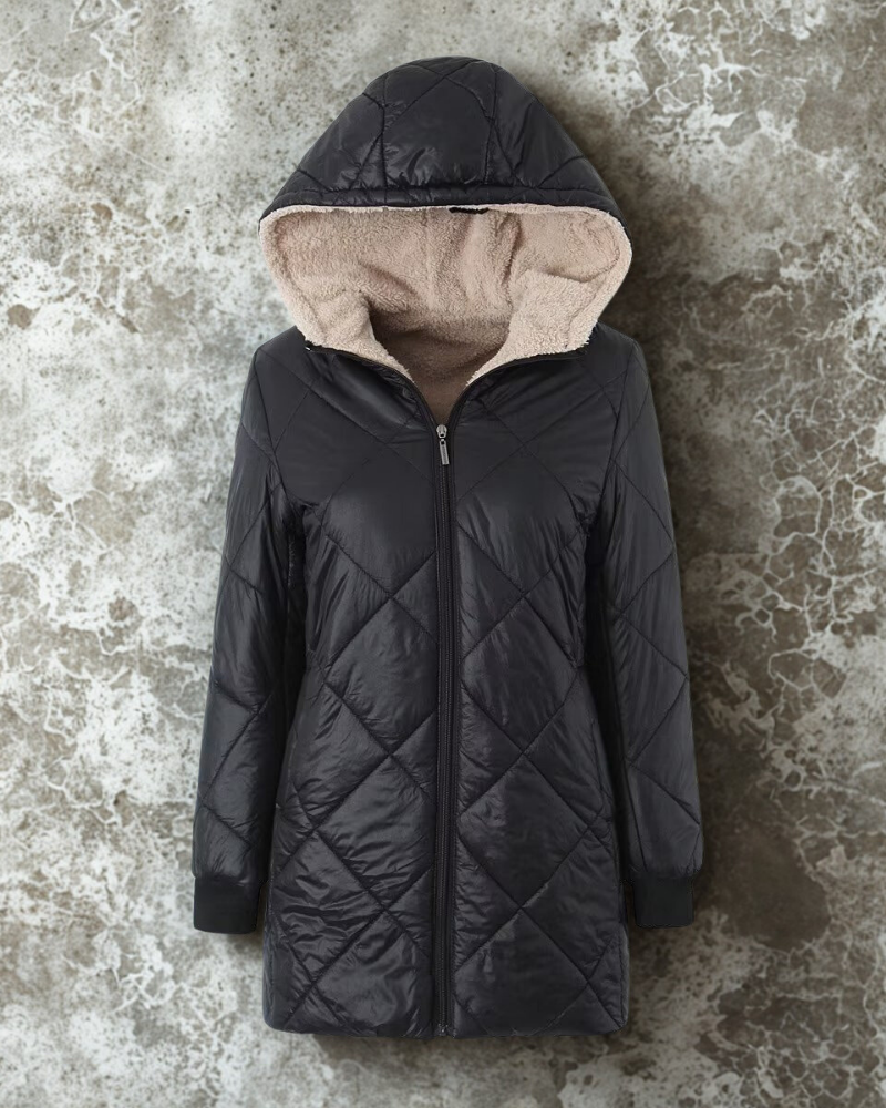 Women’s Hooded Quilted Coat – Straight Fit – Diamond Stitch – Reversible Hood – Mid-Thigh