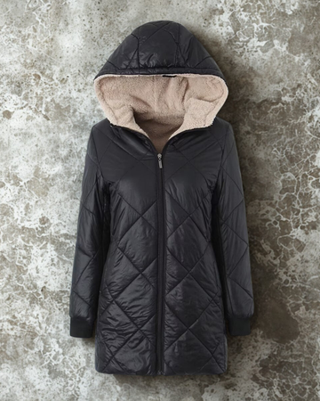 Women’s Hooded Quilted Coat – Straight Fit – Diamond Stitch – Reversible Hood – Mid-Thigh