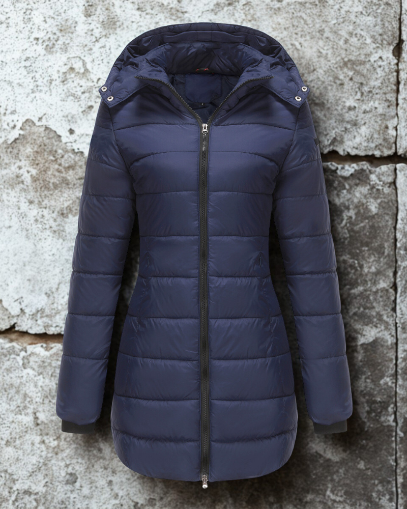 Women’s Longline Padded Coat – Quilted Design – Hooded – Two-Way Zipper – Elastic Cuffs