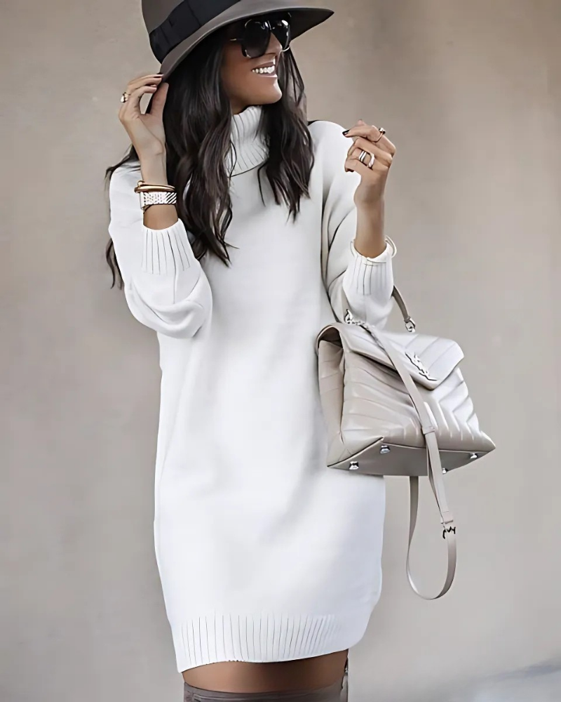 Women’s Mini Dress – Turtleneck – Wool Blend Knit – Ribbed Cuffs – Slim Fit