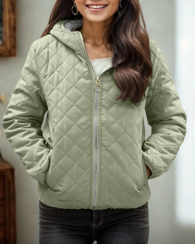 Women’s Quilted Jacket – Relaxed Fit – Diamond Stitch – Hooded – Zip Front – Elastic Hem