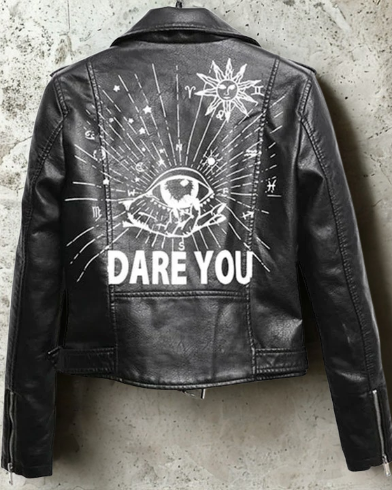 Women’s Motorcycle Jacket – Slim Fit – Cropped Length – Leather Look – Graphic Rivets