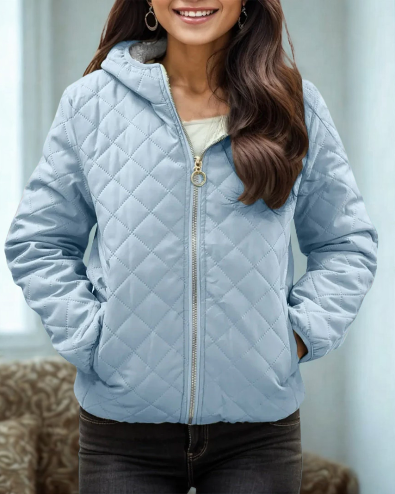 Women’s Quilted Jacket – Relaxed Fit – Diamond Stitch – Hooded – Zip Front – Elastic Hem