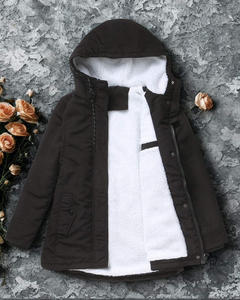 Women’s Hooded Jacket – Relaxed Fit – Plush Lined Hood – Snap Closure – Mid-Thigh Length