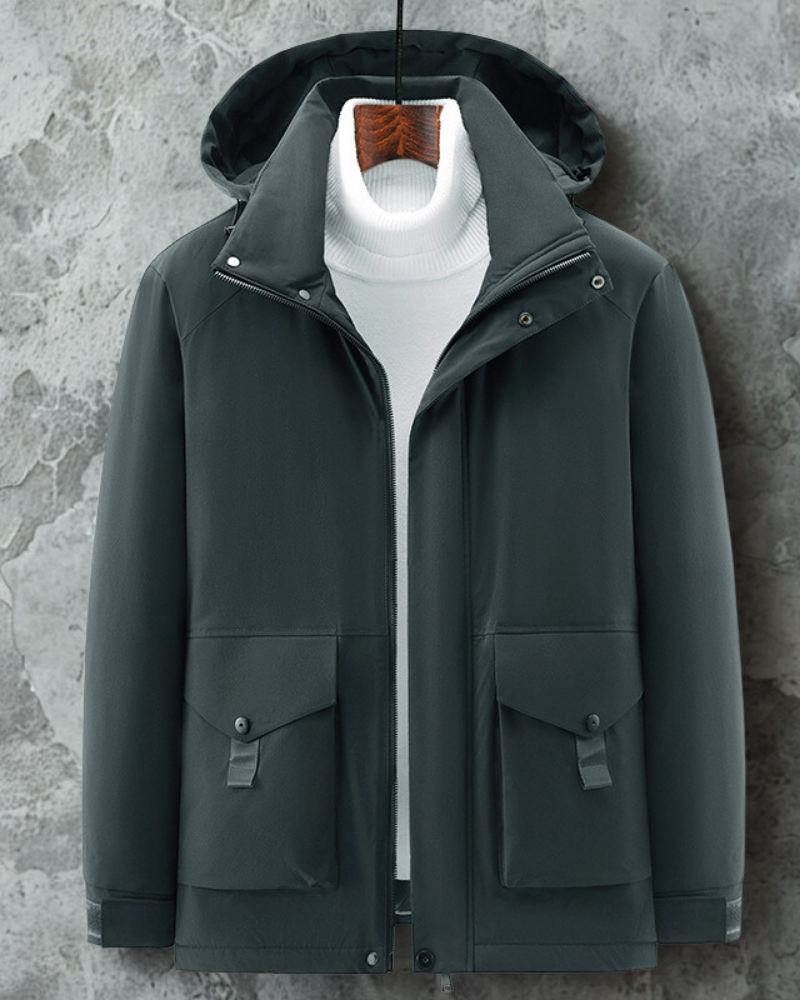 Men’s Hooded Jacket – Insulated Padded – Mid-Length – Zip Snap Closure – High Collar