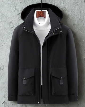 Men’s Hooded Jacket – Insulated Padded – Mid-Length – Zip Snap Closure – High Collar