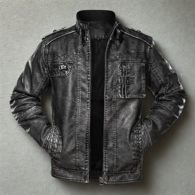 Men’s Leather Jacket – Slim Fit – Washed Distressed Finish – Multi-pocket Design – Ribbed Trim
