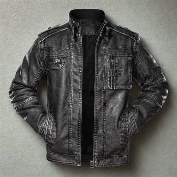 Men’s Leather Jacket – Slim Fit – Washed Distressed Finish – Multi-pocket Design – Ribbed Trim