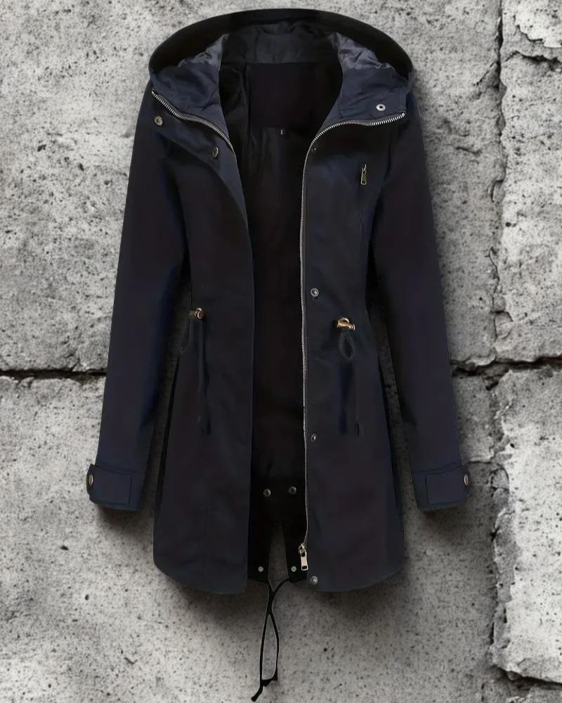 Women’s Hooded Coat – Relaxed Fit – Cotton Blend – Adjustable Waist – Snap Cuffs – Mid-Thigh