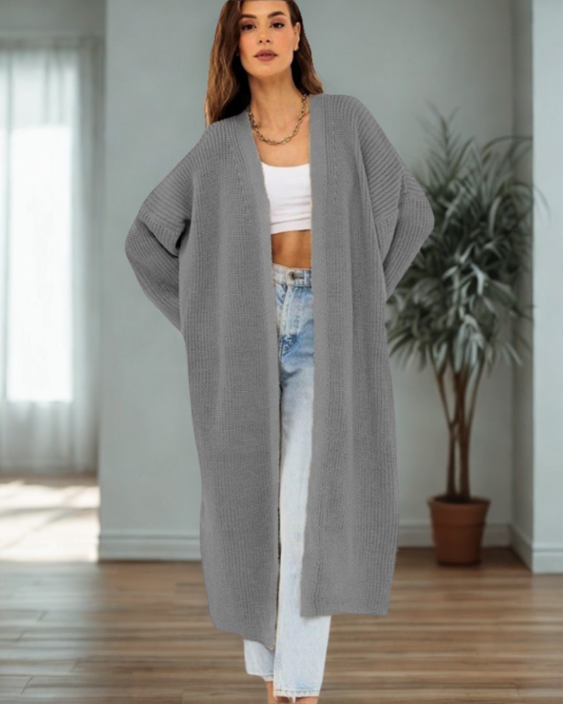 Women’s Long Cardigan – Oversized Fit – Ribbed Knit – Dropped Shoulders – Wide Sleeves
