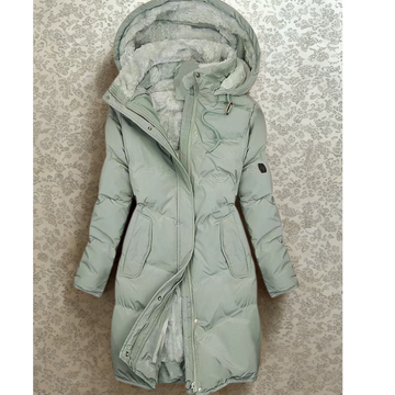 Women’s Long Puffer Coat – Quilted Insulated – Plush Hood – Adjustable Waist – Zip Front