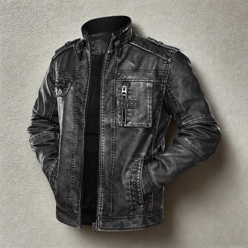 Men’s Leather Jacket – Slim Fit – Washed Distressed Finish – Multi-pocket Design – Ribbed Trim
