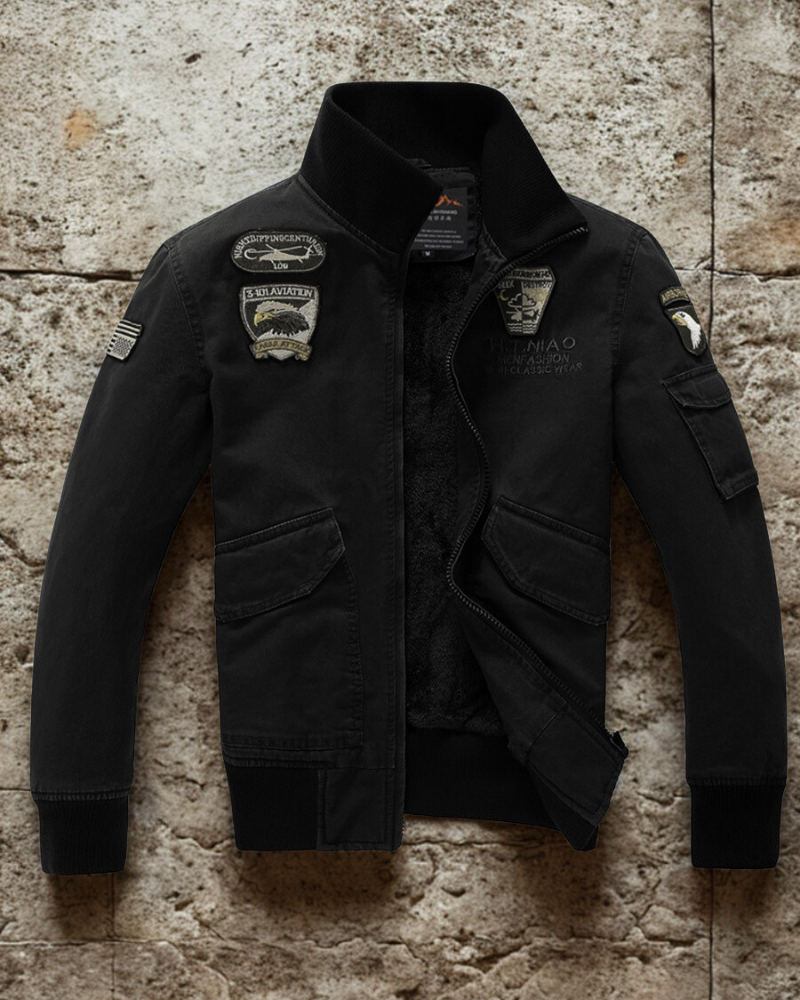 Men’s Bomber Jacket – Slim Fit – Military Style – Plush Lining – Embroidered Patches