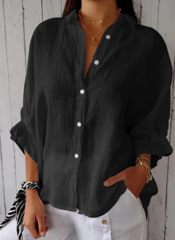 Women’s Blouse - Cotton-Linen Blend - Oversized Fit - Button Placket - Long Sleeve