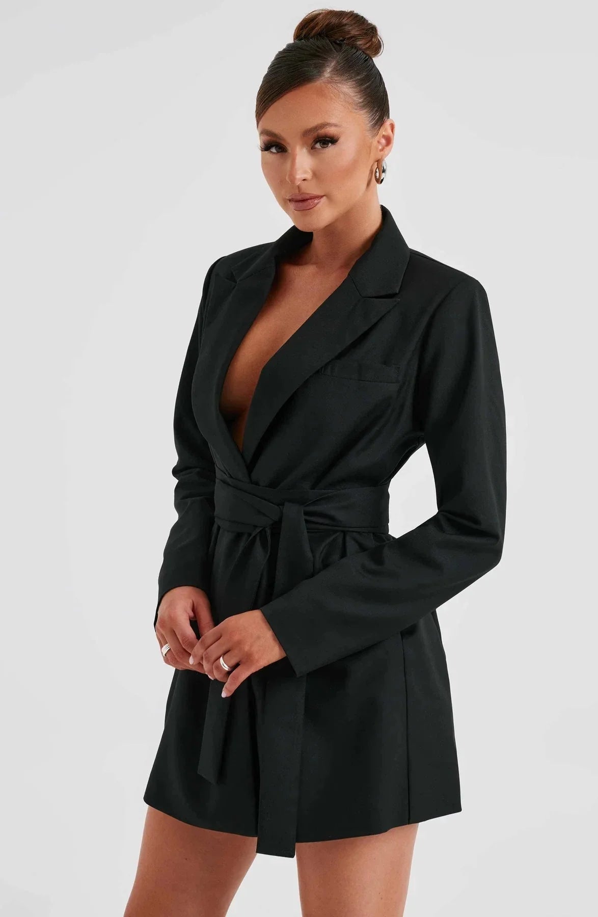 Long sleeve belted blazer dress for women