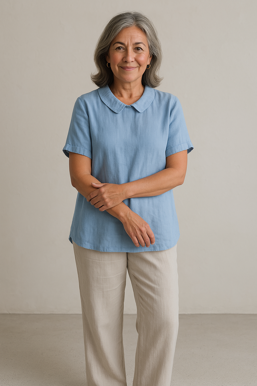 Women's Linen Blouse - Short Sleeve - Relaxed Fit - Peter Pan Collar - Breathable