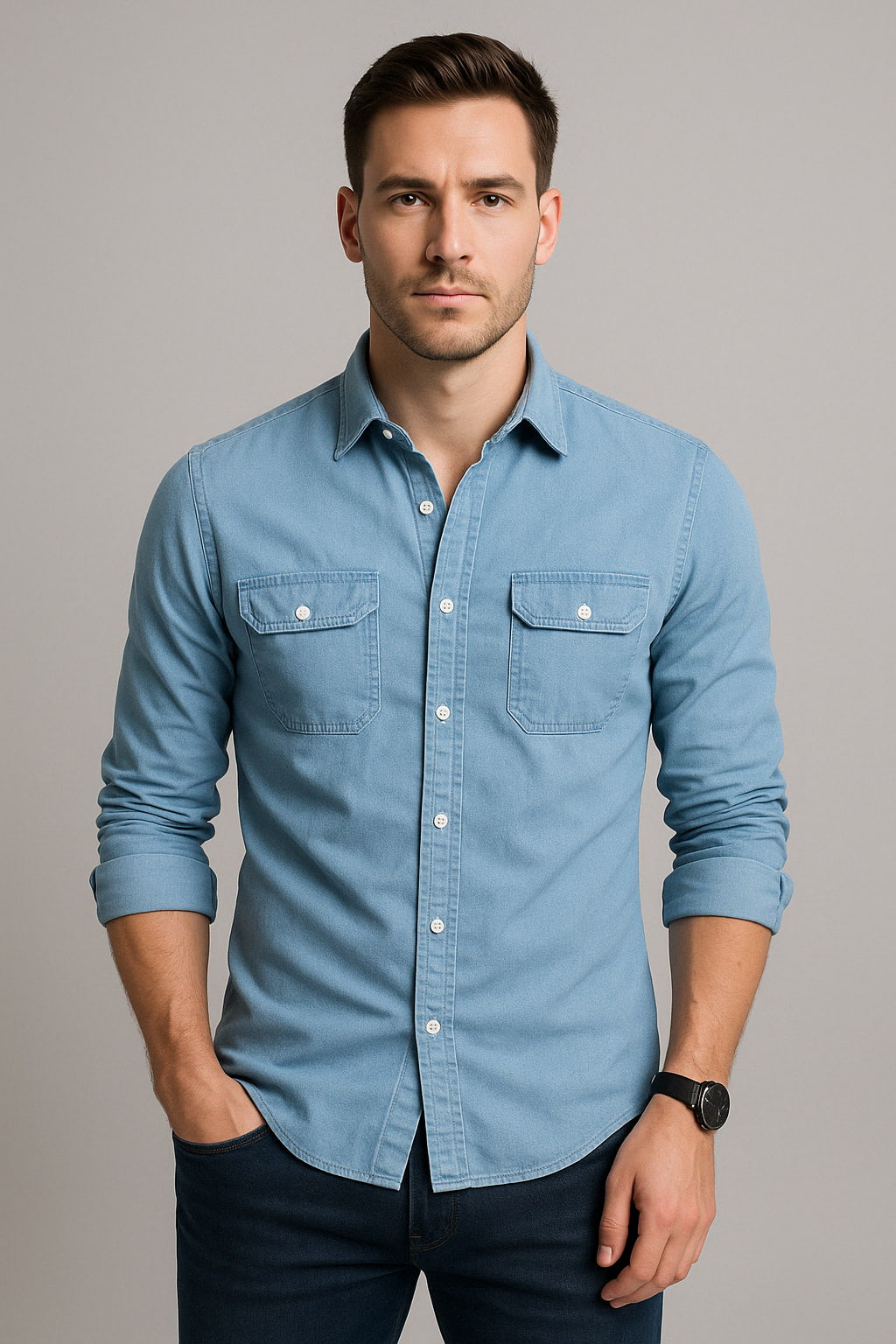 Men’s Denim Shirt – Slim Fit – Button Down – Long Sleeve – Casual Smart Style