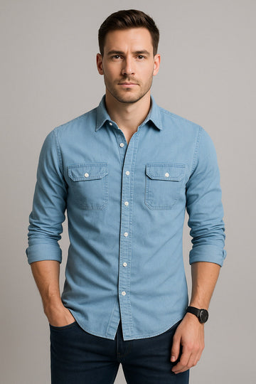 Men’s Denim Shirt – Slim Fit – Button Down – Long Sleeve – Casual Smart Style