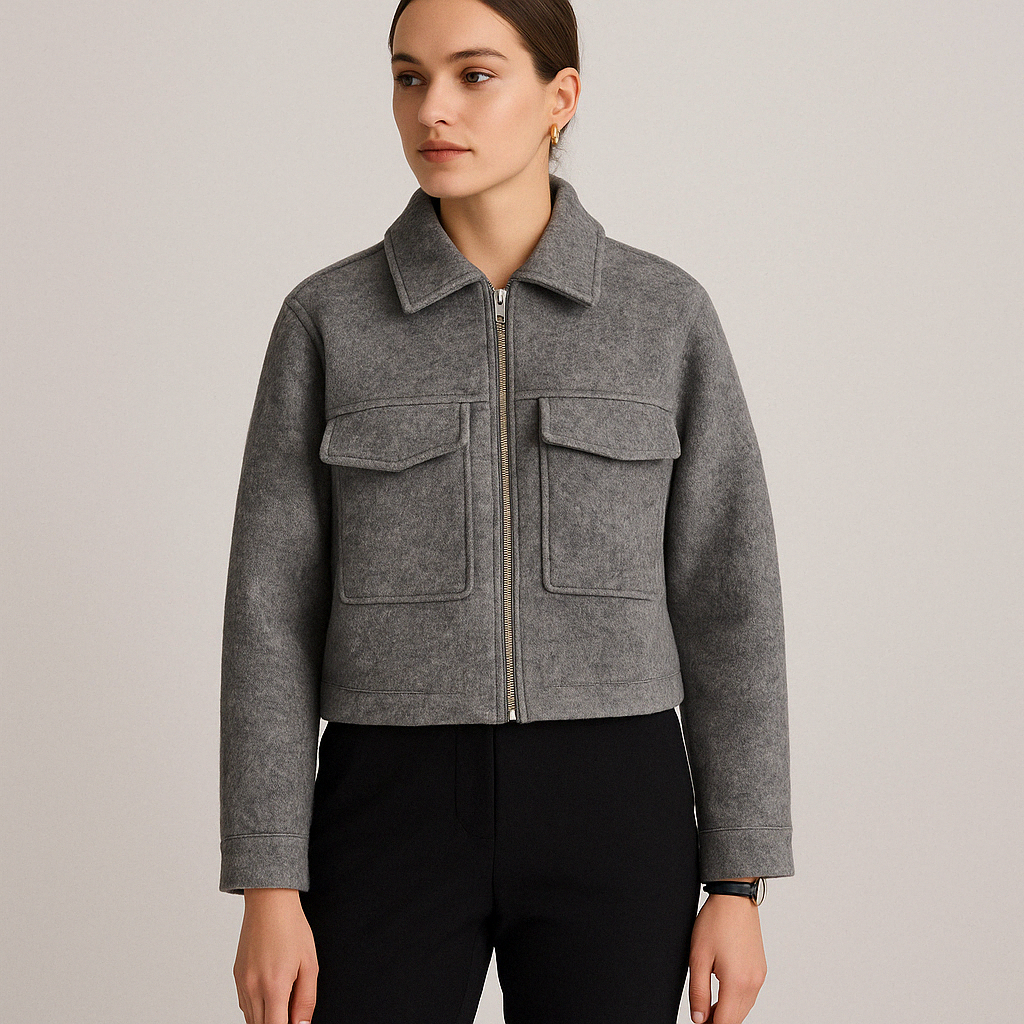 Women’s Tailored Jacket – Wool Blend – Boxy Fit – Cropped Length – Notched Collar