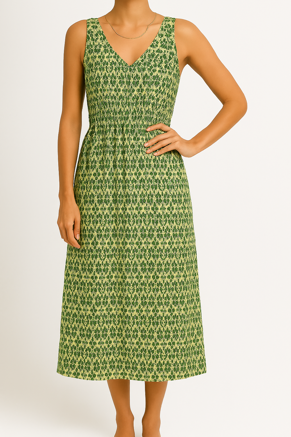 Women’s Midi Dress – Sleeveless V-Neck – Bohemian Print – Waist Tie – Flowy Fit