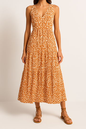 Women’s Midi Dress – Sleeveless V-Neck – Relaxed Fit – Abstract Print A-Line Skirt